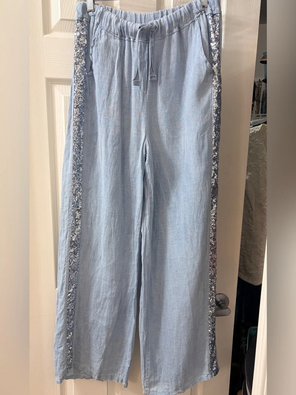 Saks Fifth Avenue 100% Linen Chambray Blue Wide-Leg Sequin-Trim Pants Medium